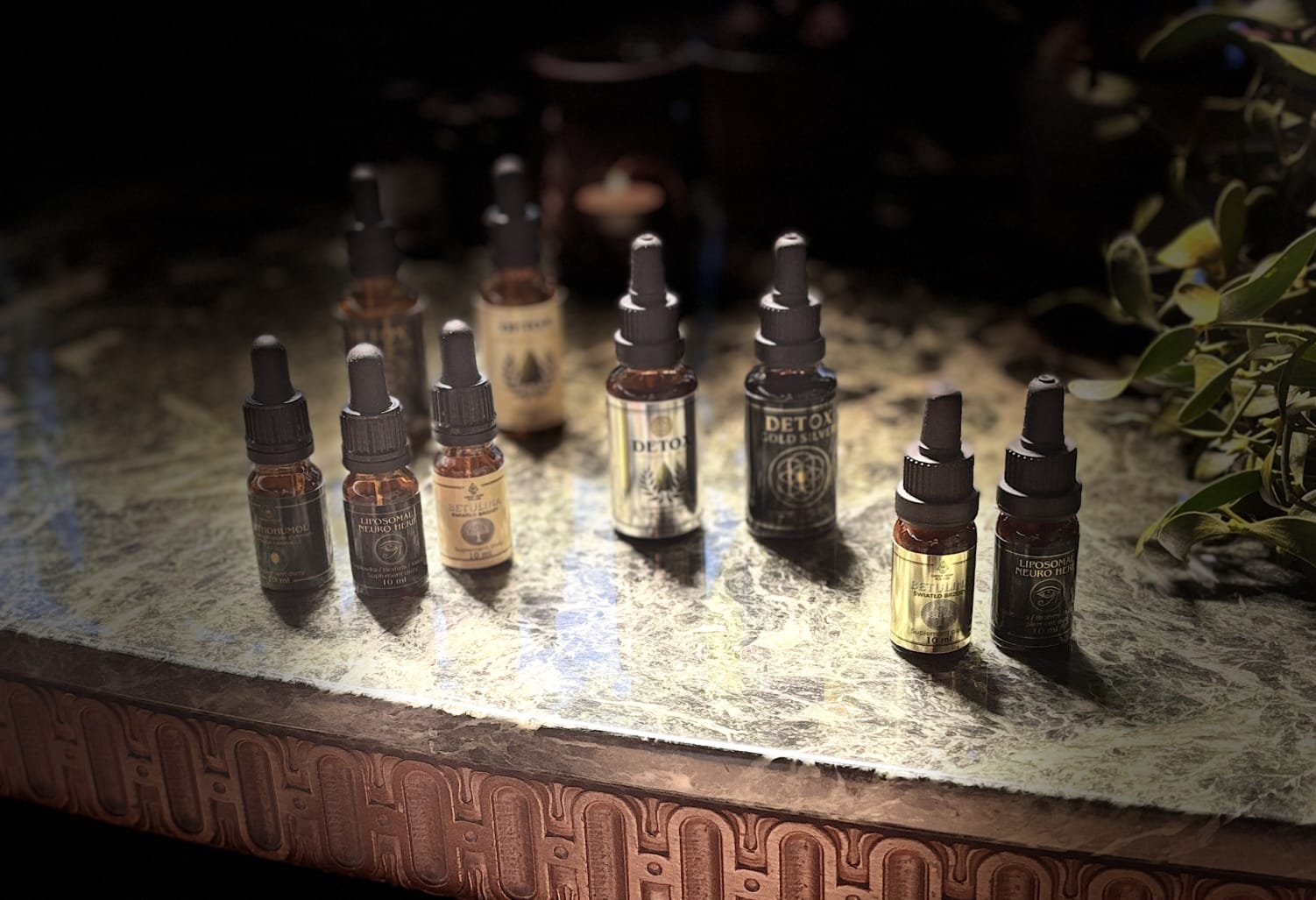 Liposomalne preparaty ziołowe w butelkach z pipetą ustawione na kamiennym blacie, naturalne formuły roślinne