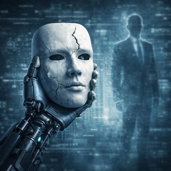 Symboliczna grafika pokazująca człowieka i interfejs AI, który ujawnia różnicę między pozorną a realną kompetencją