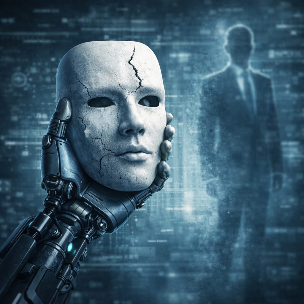 Symboliczna grafika pokazująca człowieka i interfejs AI, który ujawnia różnicę między pozorną a realną kompetencją