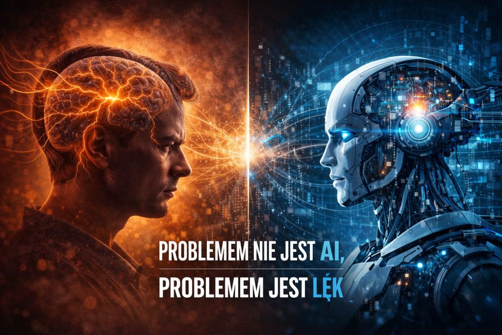 Człowiek i sztuczna inteligencja stoją naprzeciw siebie jako symbole współpracy i zmiany, a nie zagrożenia