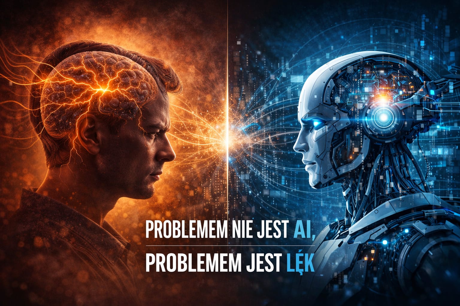 Człowiek i sztuczna inteligencja stoją naprzeciw siebie jako symbole współpracy i zmiany, a nie zagrożenia