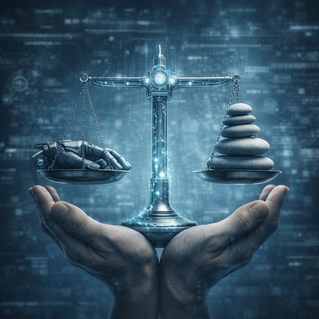 Symboliczna ilustracja przedstawiająca równowagę między człowiekiem a sztuczną inteligencją zamiast przyspieszania procesów