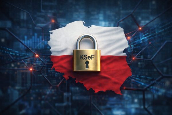 Ilustracja symboliczna przedstawiająca cyfrowy przepływ danych na tle polskiej flagi oraz kłódkę jako metaforę kontroli w systemach państwowych