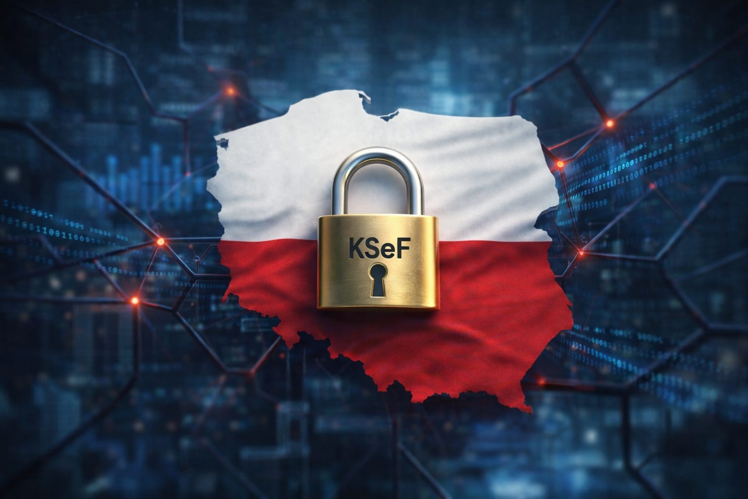 Ilustracja symboliczna przedstawiająca cyfrowy przepływ danych na tle polskiej flagi oraz kłódkę jako metaforę kontroli w systemach państwowych