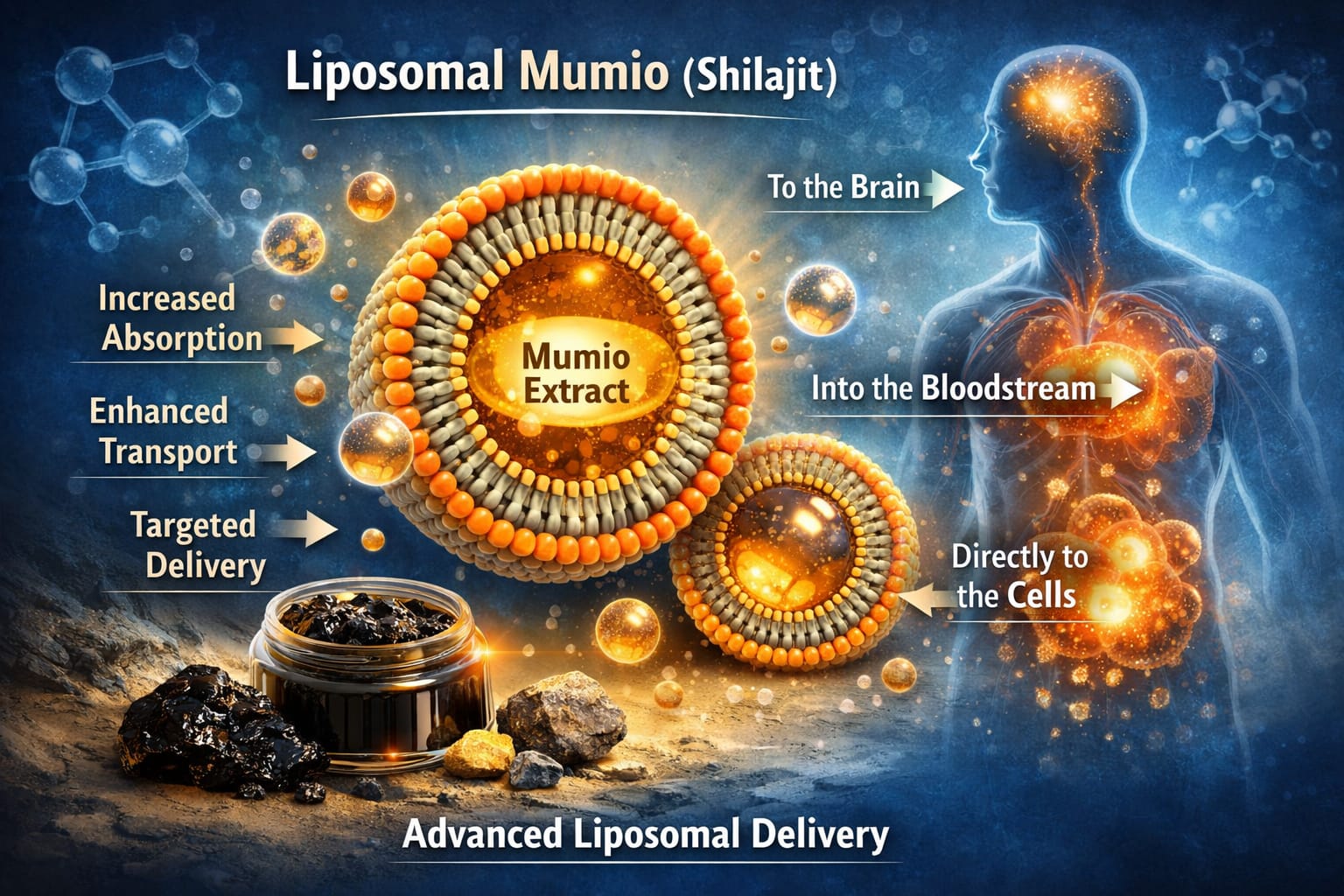 Liposomalne mumio (shilajit) – schemat transportu liposomalnego i zwiększonej biodostępności składników mineralno-organicznych