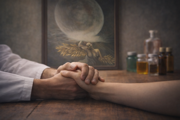 Dłonie terapeuty i osoby wspieranej spoczywające na stole, w tle symboliczny obraz oraz butelki z naturalnymi preparatami
