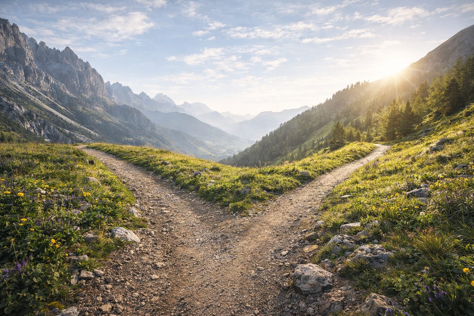 Górska ścieżka rozdzielająca się na dwa kierunki symbolizująca wybór podejścia po diagnozie organizmu