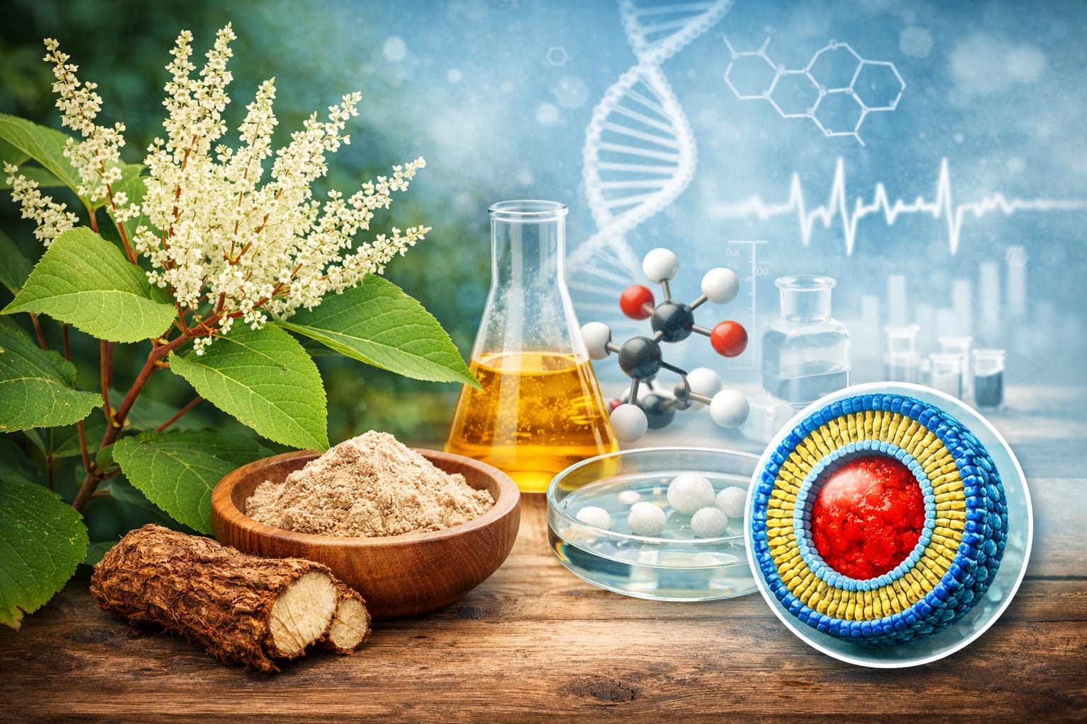 Rdestowiec japoński (Reynoutria japonica) – roślina bogata w resweratrol, stosowana w nowoczesnej fitoterapii i technologiach zwiększających biodostępność składników aktywnych