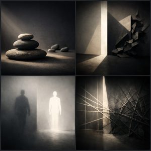 Abstrakcyjna grafika przedstawiająca równowagę, światło i cień, struktury oraz granice jako metaforę mechaniki pola społecznego i odpowiedzialności zbiorowej.