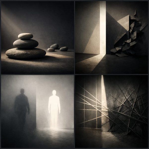 Abstrakcyjna grafika przedstawiająca równowagę, światło i cień, struktury oraz granice jako metaforę mechaniki pola społecznego i odpowiedzialności zbiorowej.