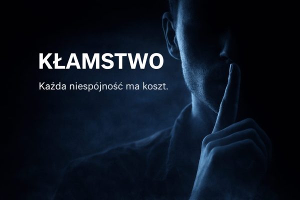 Graficzne przedstawienie słowa „KŁAMSTWO” z pęknięciem symbolizującym narastające napięcie i wewnętrzną niespójność.