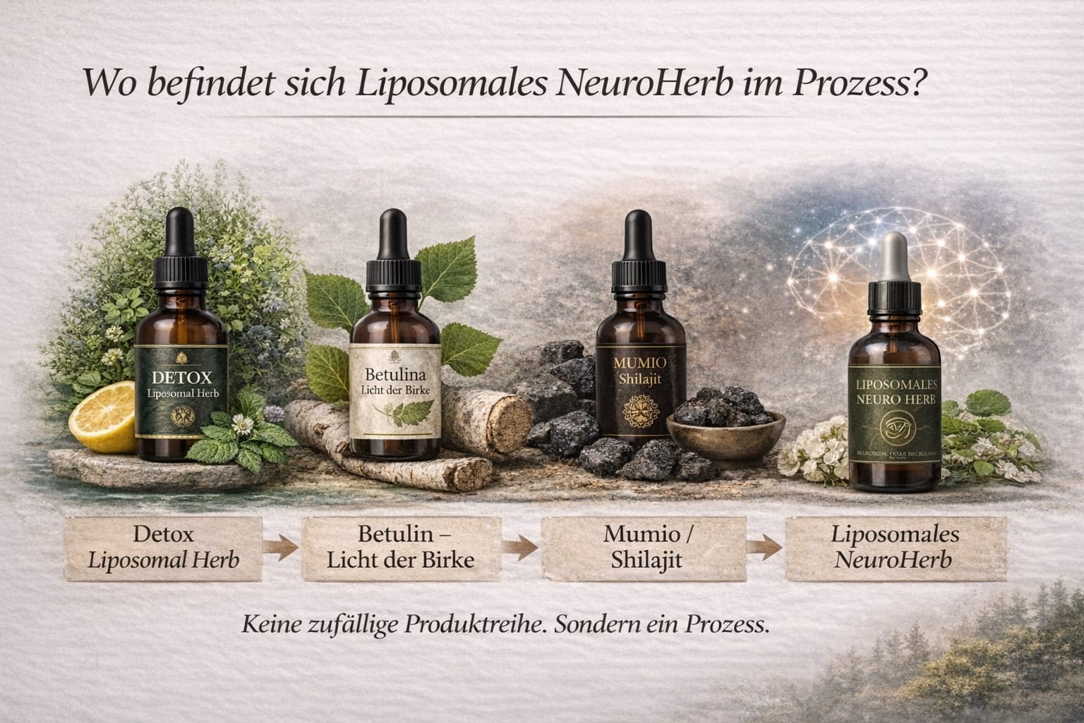 Liposomaler Prozess: Detox Liposomal Herb, Betulina – Licht der Birke, Mumio (Shilajit) und Liposomal NeuroHerb in logischer Abfolge