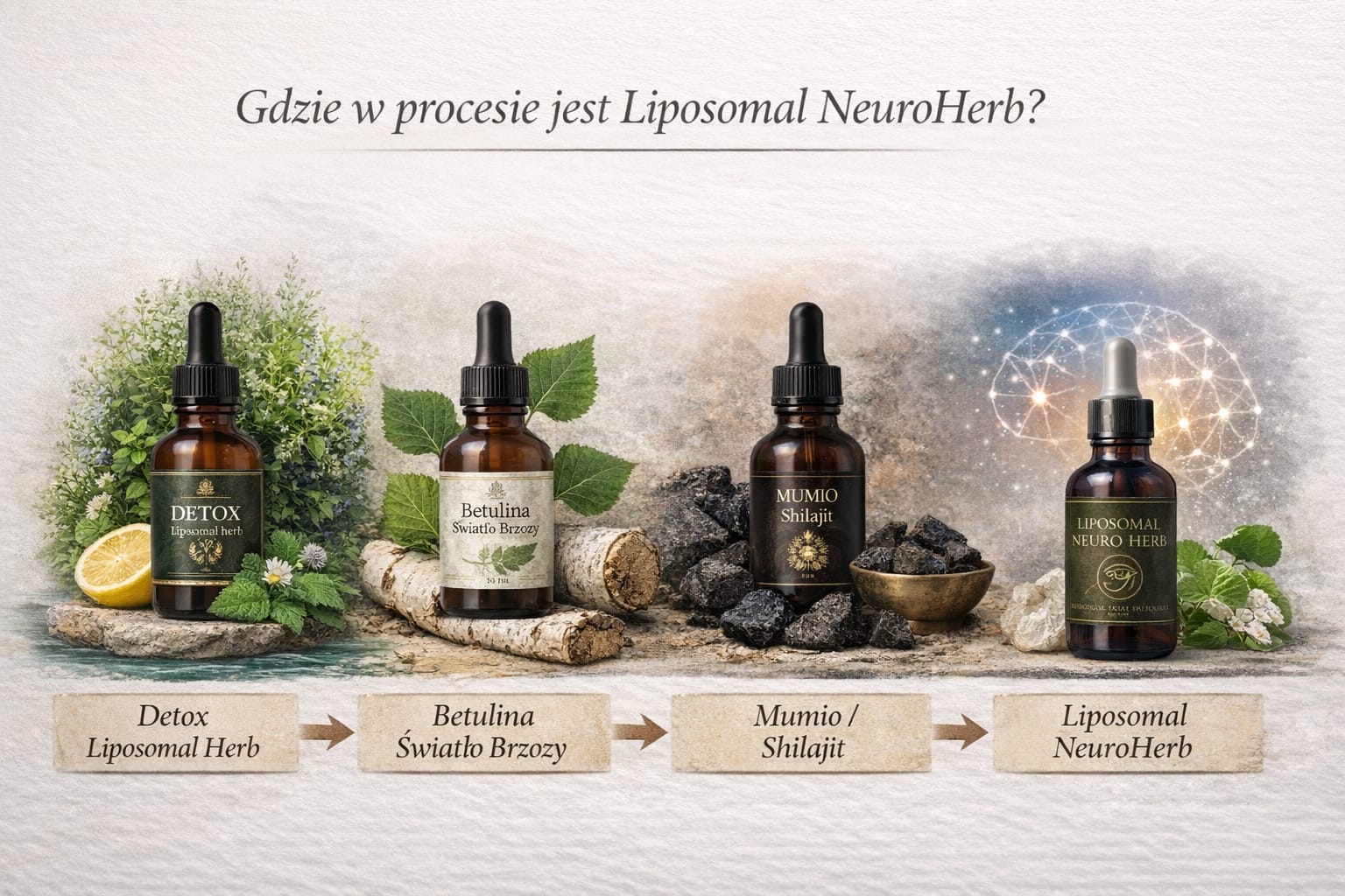 Procesowa linia produktów Liposomal Herb: Detox Liposomal Herb, Betulina Światło Brzozy, Mumio oraz Liposomal Neuro Herb – naturalna sekwencja wsparcia organizmu