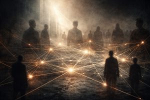 Abstrakcyjna ilustracja przedstawiająca granicę między interpretacją a mechanizmem działania w przestrzeni społecznej