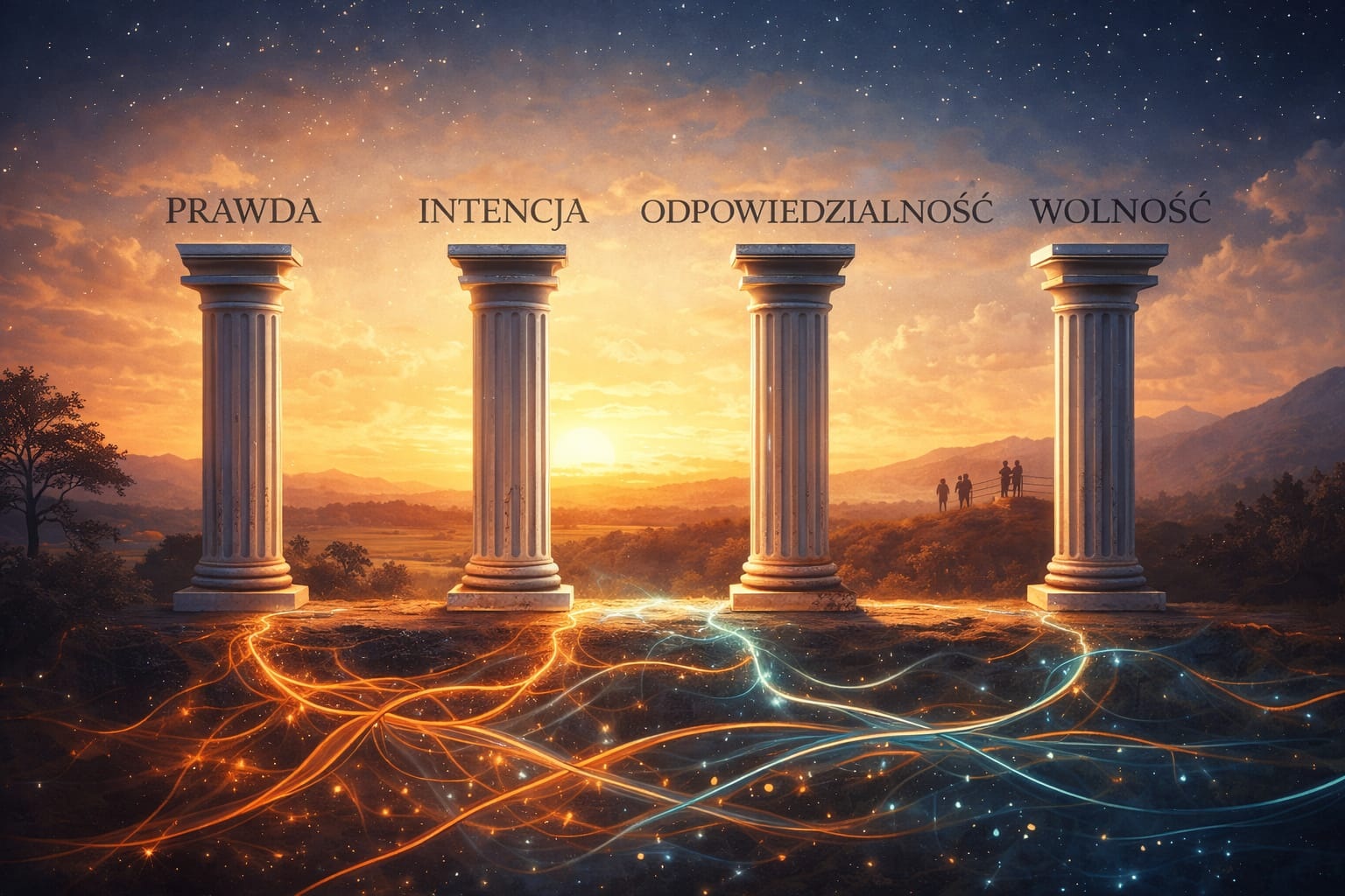 Symboliczna ilustracja rezonansu spójności – światło łączące człowieka z Ziemią, reprezentujące prawdę, intencję, odpowiedzialność i wolność.