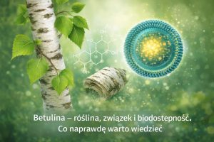 Ilustracja edukacyjna przedstawiająca rośliny lecznicze (brzoza), strukturę liposomów i zależność między związkiem roślinnym a biodostępnością biologiczną
