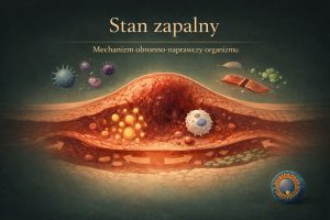 Schemat przedstawiający stan zapalny jako naturalny mechanizm obronno-naprawczy organizmu, z zaznaczoną reakcją immunologiczną i procesem regeneracji tkanek