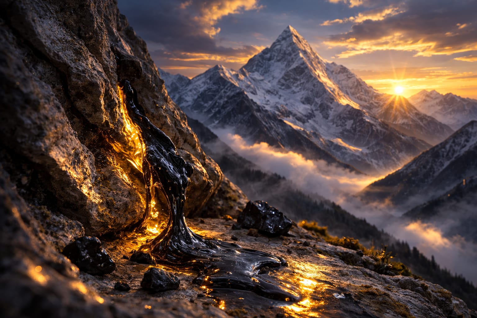 Naturalne mumio wypływające ze skały w Himalajach oświetlone światłem wschodzącego słońca