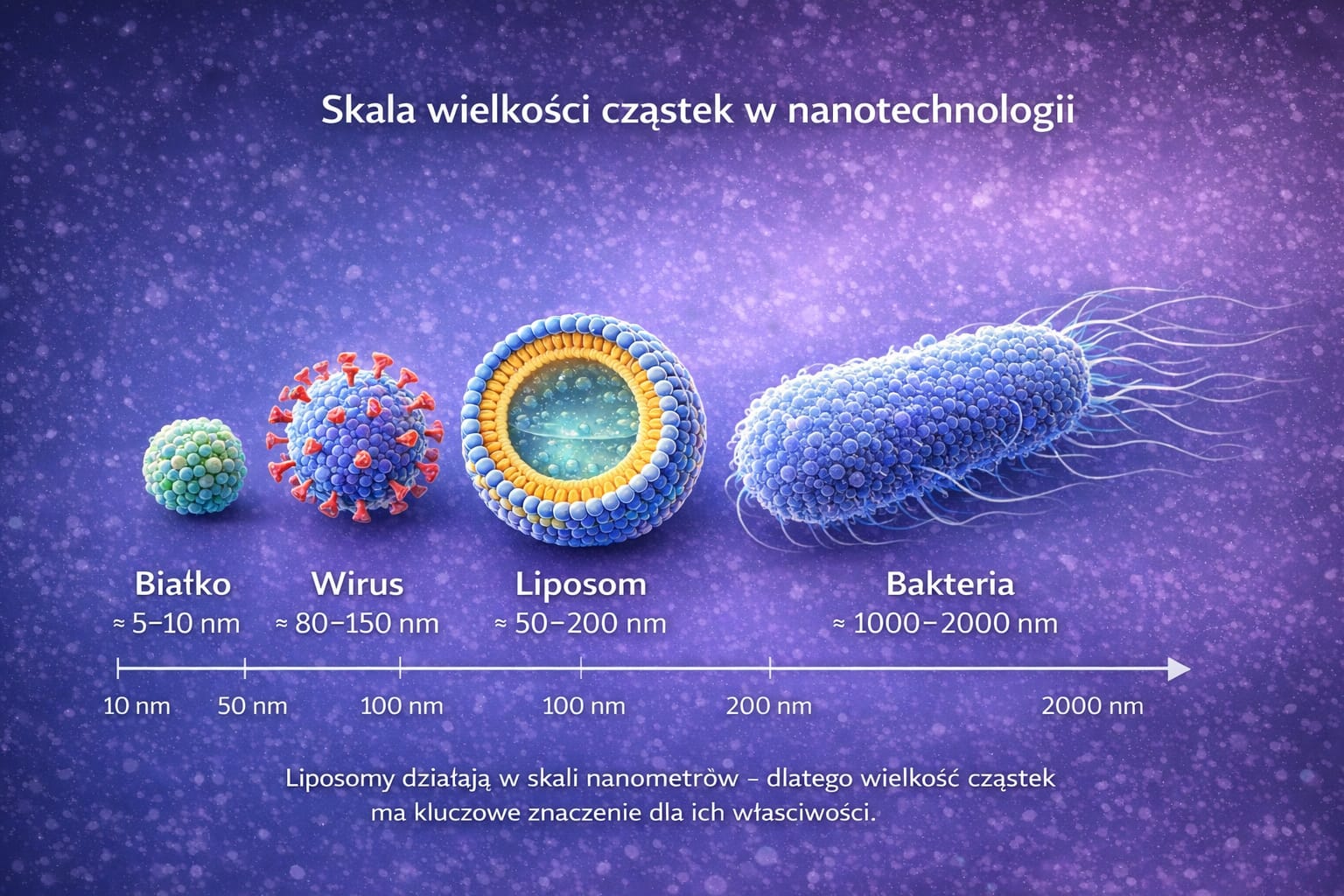 Porównanie wielkości liposomów w nanometrach z bakteriami, wirusami i komórkami w skali biologicznej