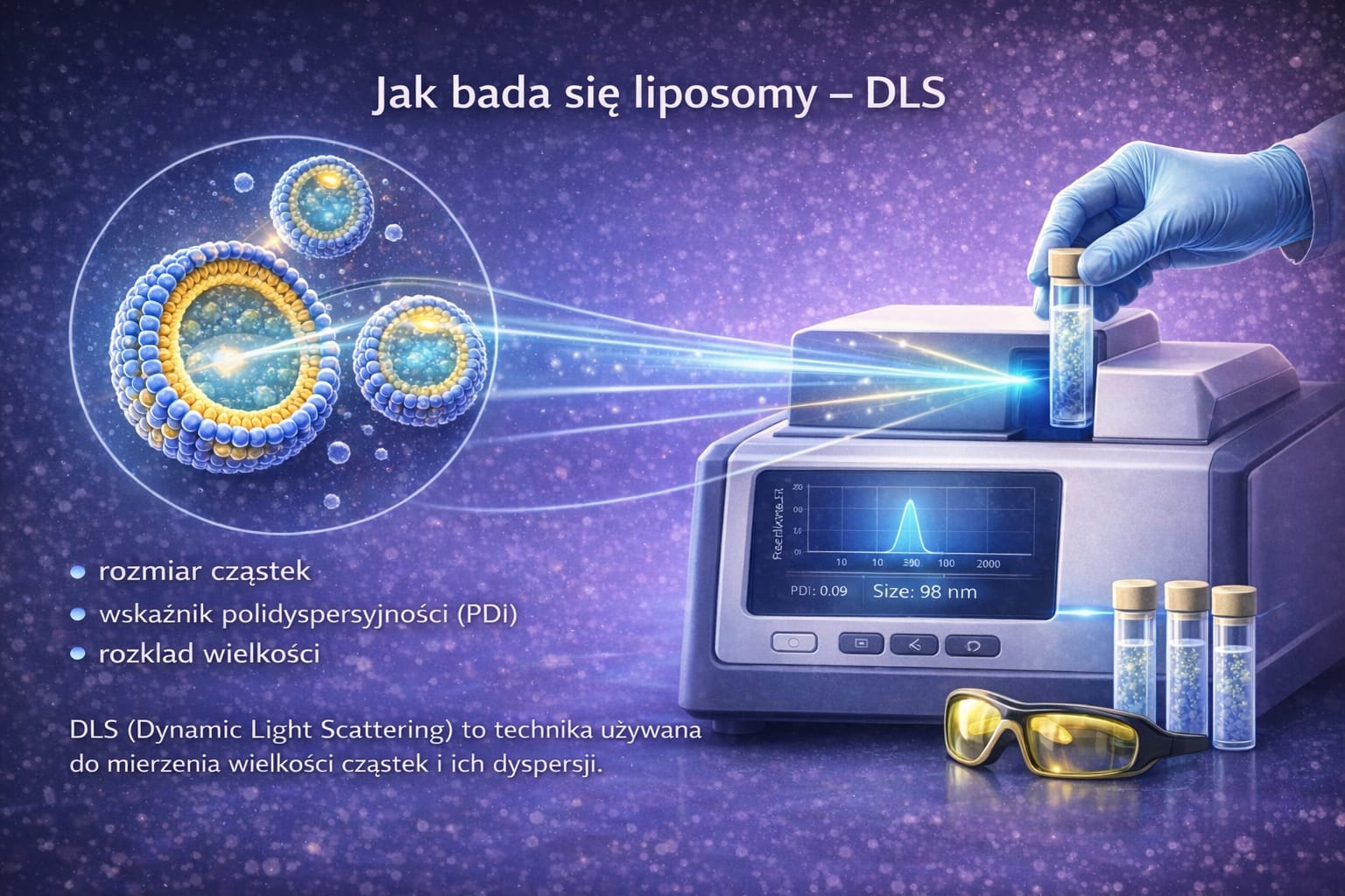 Pomiar wielkości liposomów metodą DLS (Dynamic Light Scattering) pokazujący rozkład nanocząstek w formulacji liposomalnej