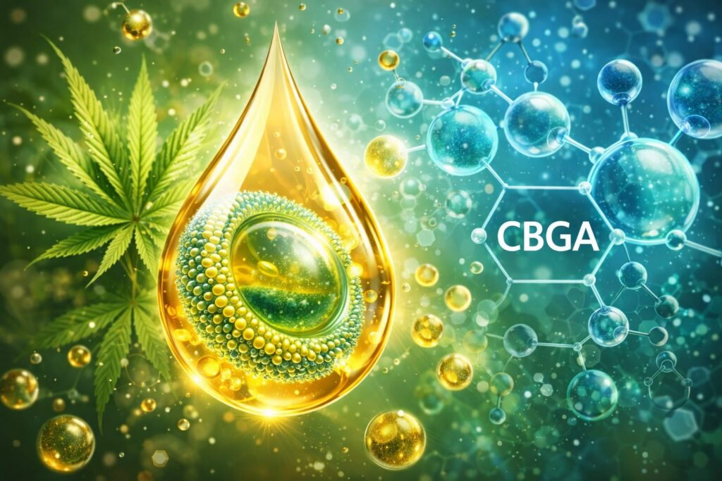 Ilustracja przedstawiająca liposomalne CBD oraz cząsteczkę CBGA w ekstrakcie konopnym full spectrum z technologią liposomów.
