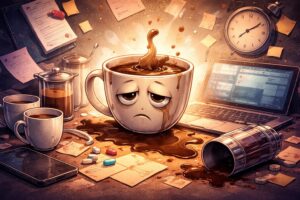Zmęczona filiżanka kawy w chaotycznym otoczeniu symbolizująca brak energii mimo stymulacji