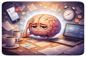 Zmęczony mózg przy biurku z laptopem, telefonem i kawą jako symbol przeciążenia i braku koncentracji