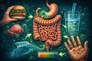 Jak dochodzi do zakażenia pasożytami – ilustracja pokazująca najczęstsze drogi zakażenia przez żywność, wodę i kontakt z zanieczyszczonymi powierzchniami.