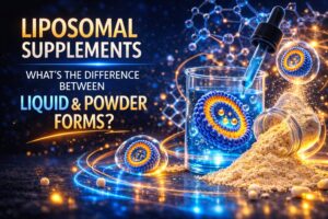 Liposomal supplements comparison showing liquid and powder forms with liposome structure illustration.
