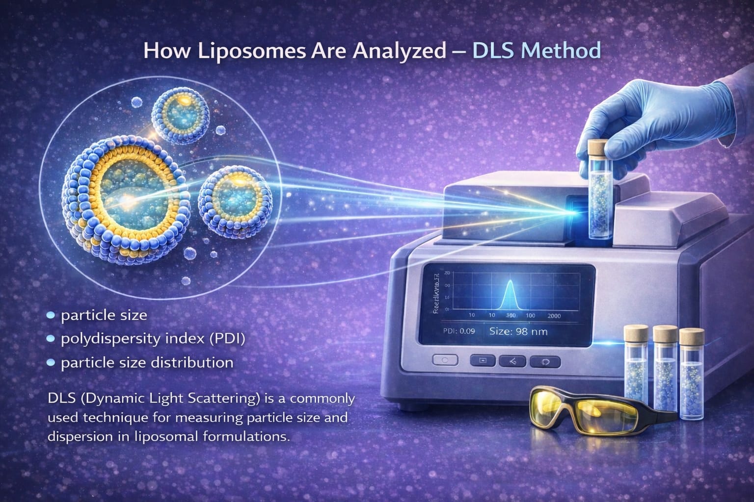 Scientific illustration showing liposome testing using Dynamic Light Scattering (DLS) to measure particle size, PDI and size distribution.
