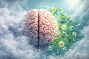 Ilustracja mózgu wychodzącego z mgły symbolizująca mgłę mózgową, koncentrację i regenerację funkcji poznawczych