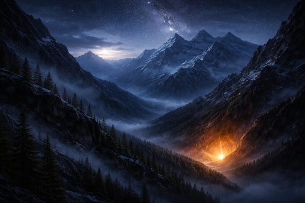 Himalaje nocą z błyskiem w dolinie – symboliczne przedstawienie „złota gór”, czyli Mumio (Shilajit)