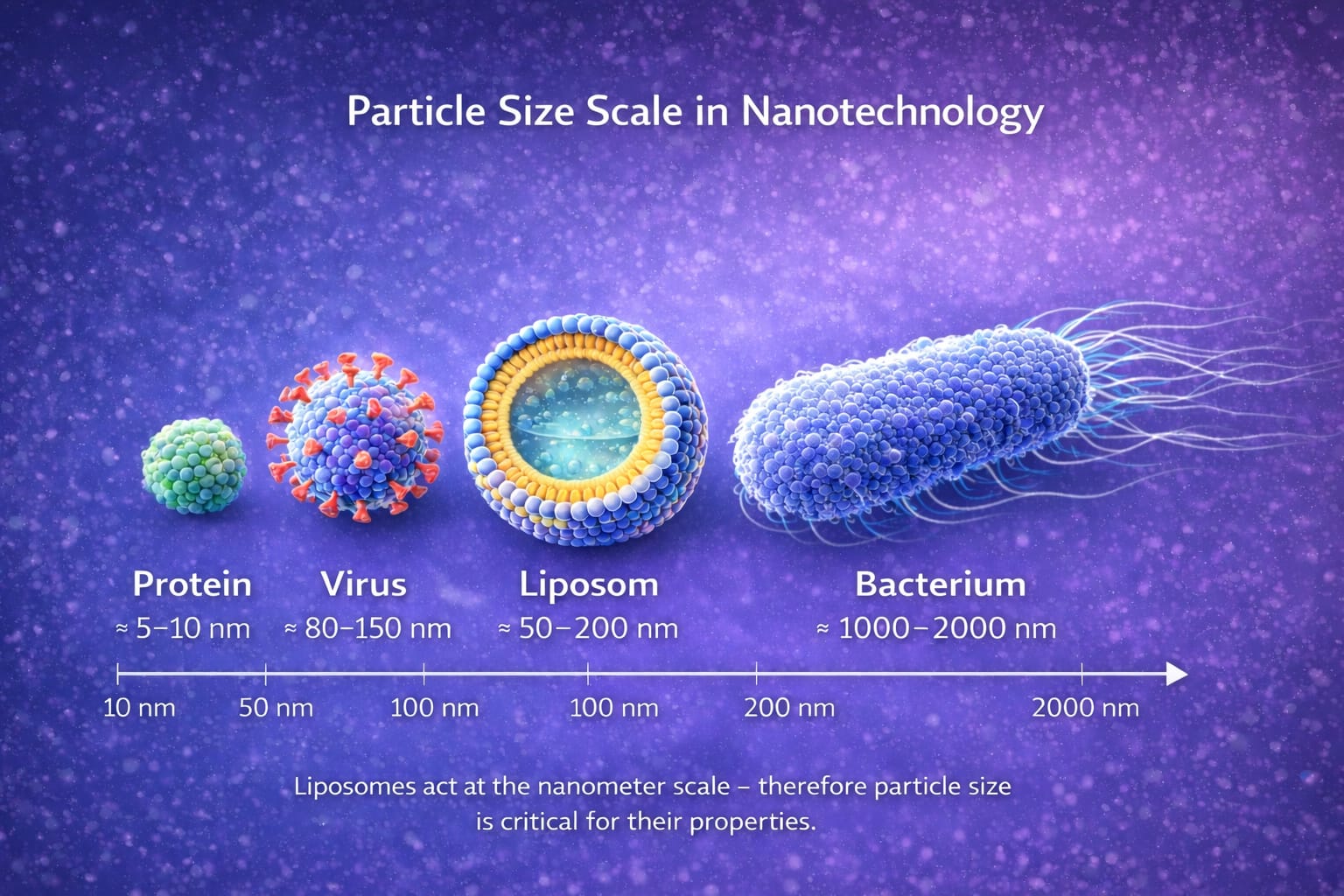 nanotechnology showing protein, virus, liposome and bacterium sizes in nanometers.