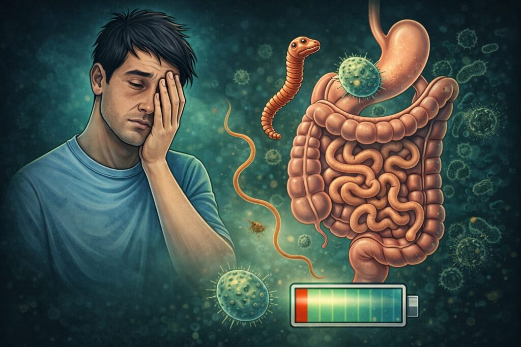 Pasożyty a przewlekłe zmęczenie – ilustracja przedstawiająca wpływ pasożytów jelitowych na poziom energii organizmu