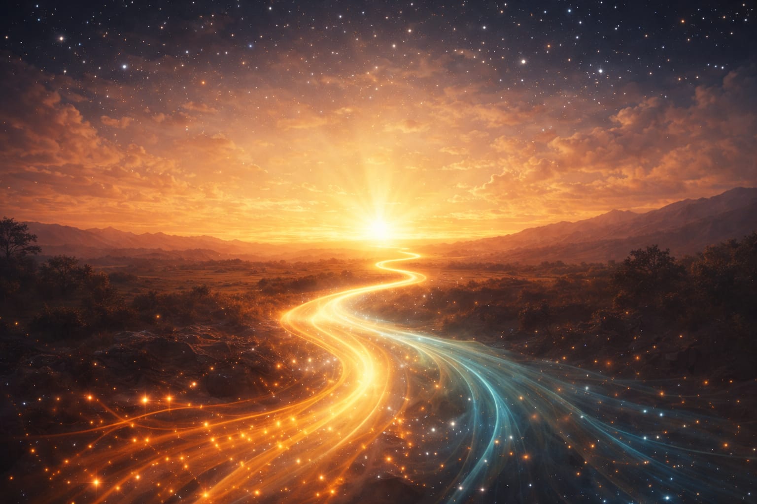 Spójność jako brak oporu w działaniu przedstawiona jako płynąca rzeka światła symbolizująca przepływ energii i wewnętrzną zgodność