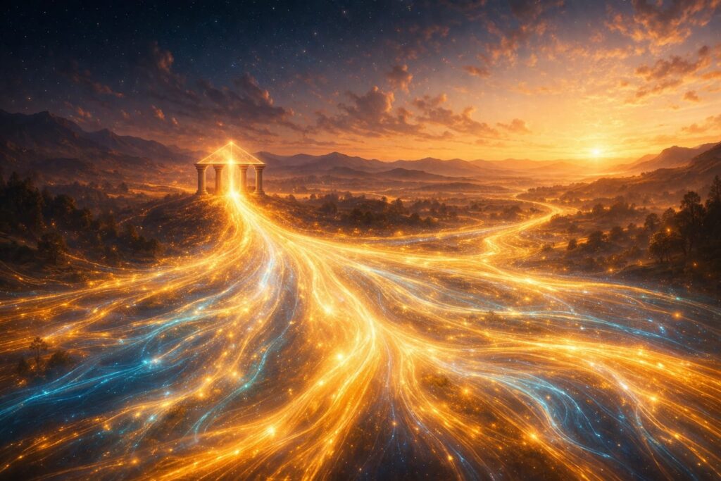 Złoty strumień światła rozchodzący się w wielu kierunkach od jednego punktu – symbol przepływu, decyzji i spójnej drogi