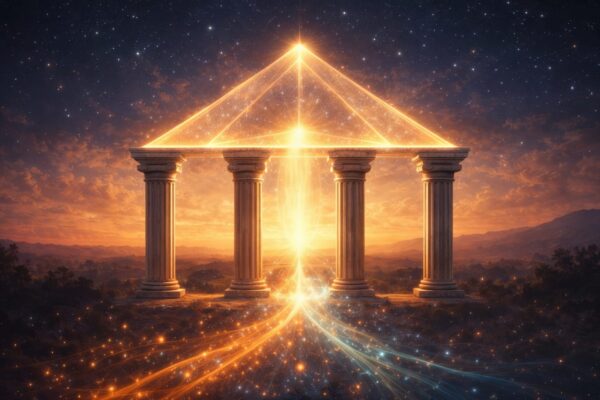 Cztery filary z jasną strukturą światła nad nimi symbolizujące spójność i stabilizację